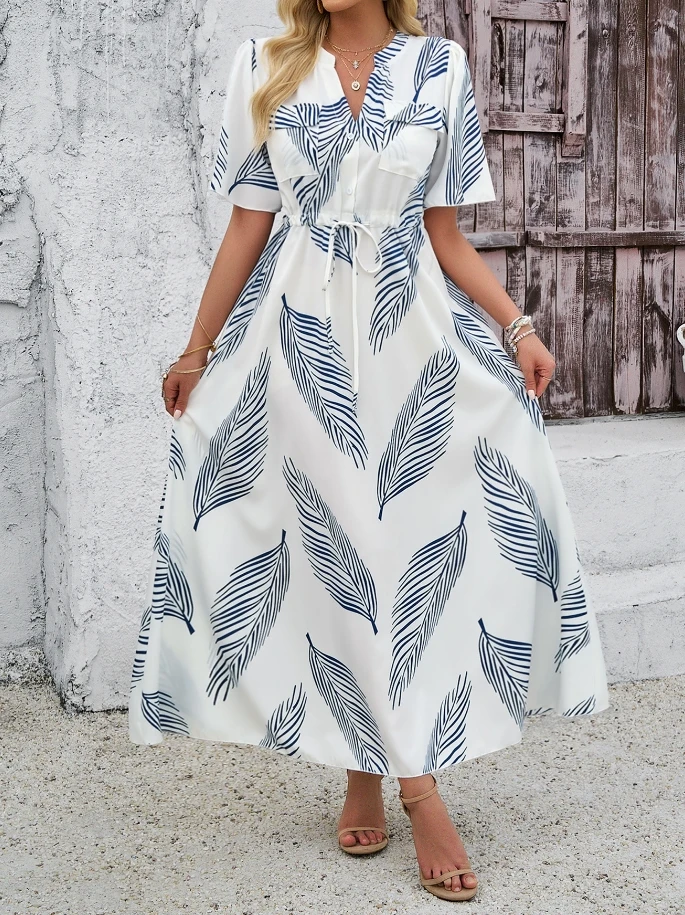 

Women's Dress 2024 Summer Casual Vacation Fashion Basic Leaf Printed V-neck Short Sleeve High Waist Drawstring A-line Maxi Dress