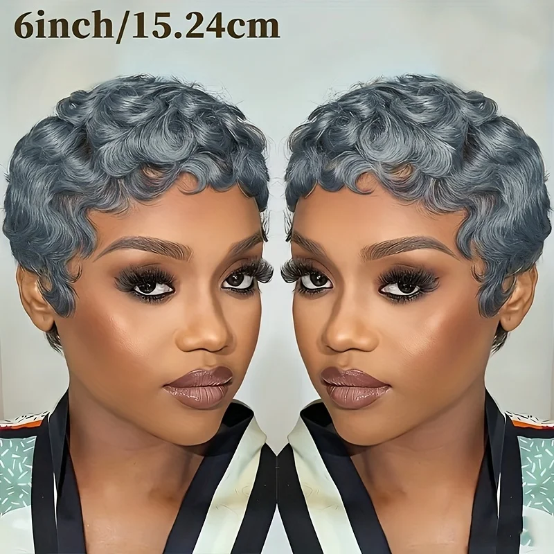 

Парик из натуральных волос серого цвета, многослойный короткий вьющийся парик пикси с челкой, парик машинного производства, удобная и безопасная посадка