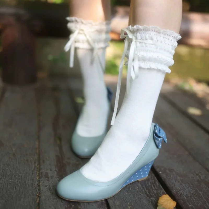 Women's Shoes Classic Round Head Shallow Mouth Single Shoes Sweet Style Bow Mary Janes Fashion Wedges Heeled Small Leather Shoes