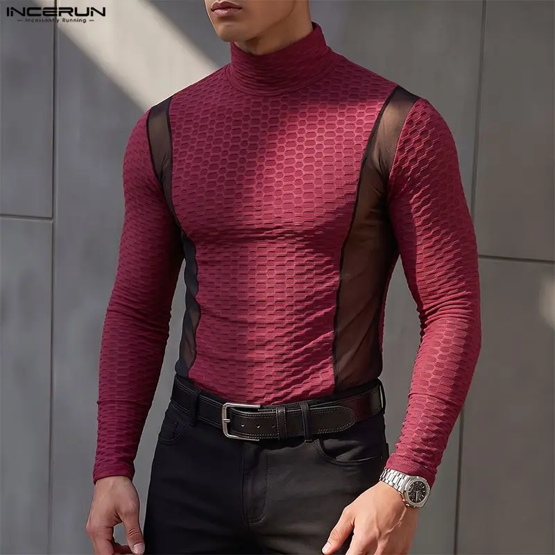 Fashion Men T Shirt Mesh Patchwork See Through Turtleneck Long Sleeve Streetwear Male Tee Tops Sexy Party Tops Camisetas INCERUN