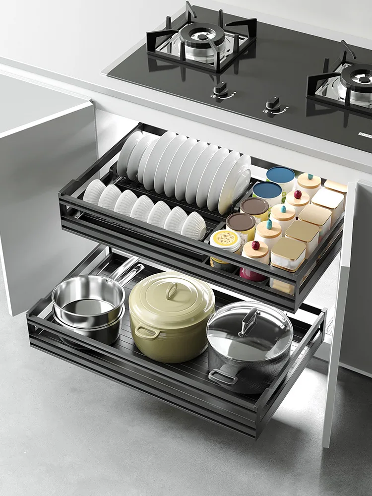 Kitchen Cabinet Drawer Shallow Non-Standard Aluminum Alloy Double Layer Bowl Basket  Pull Basket Dish Rack