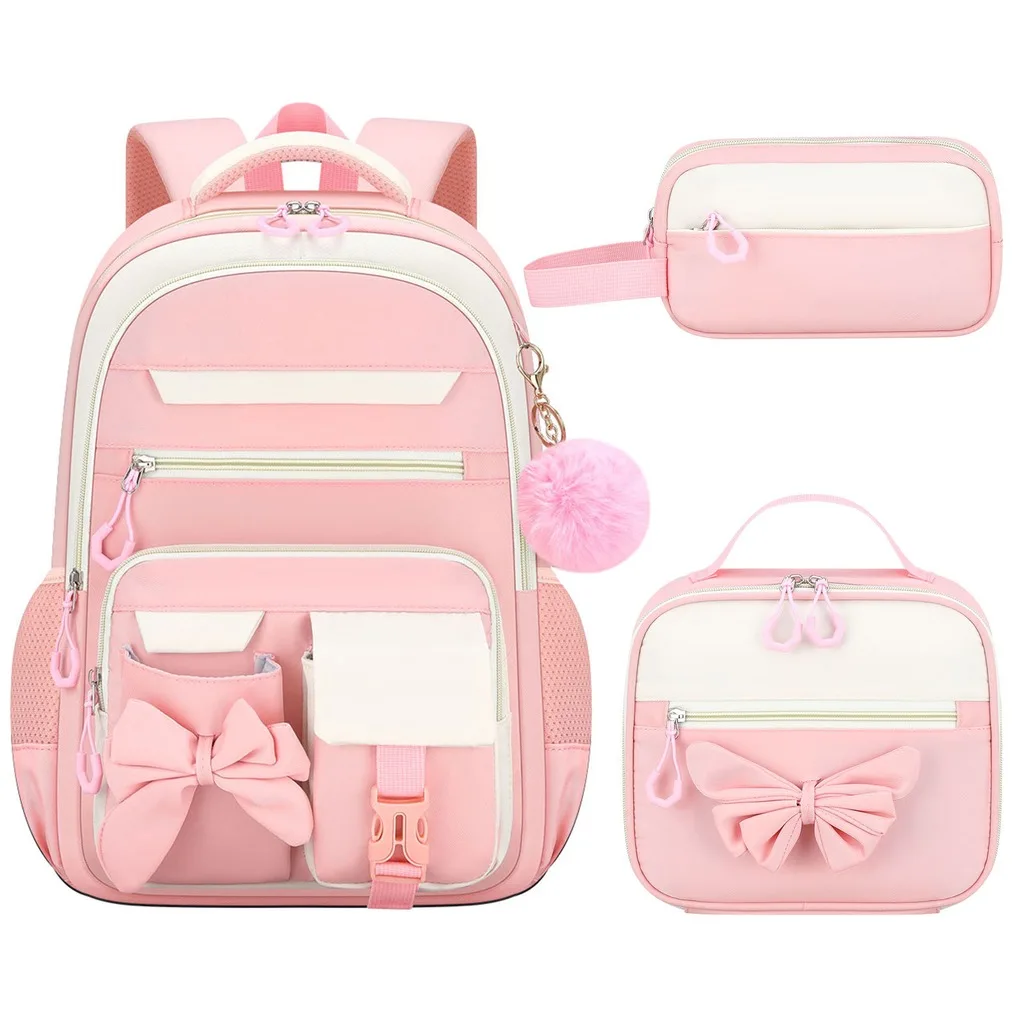 Elementary School Bag Breathable Spine Backpack Color Block Backpack Waterproof Bow School Bag Set For Gift For Elementary