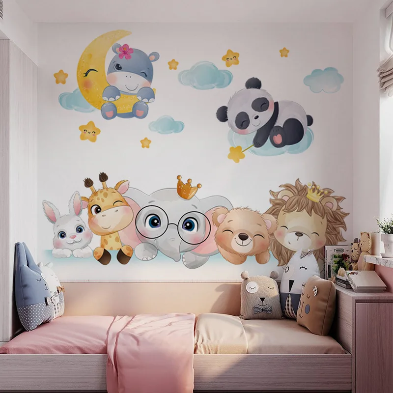 Nordic Cartoon Animals Wall Stickers for Children Kids Rooms Girls Boys Baby Room Decor Cute Elephant Giraffe Panda Wallpaper