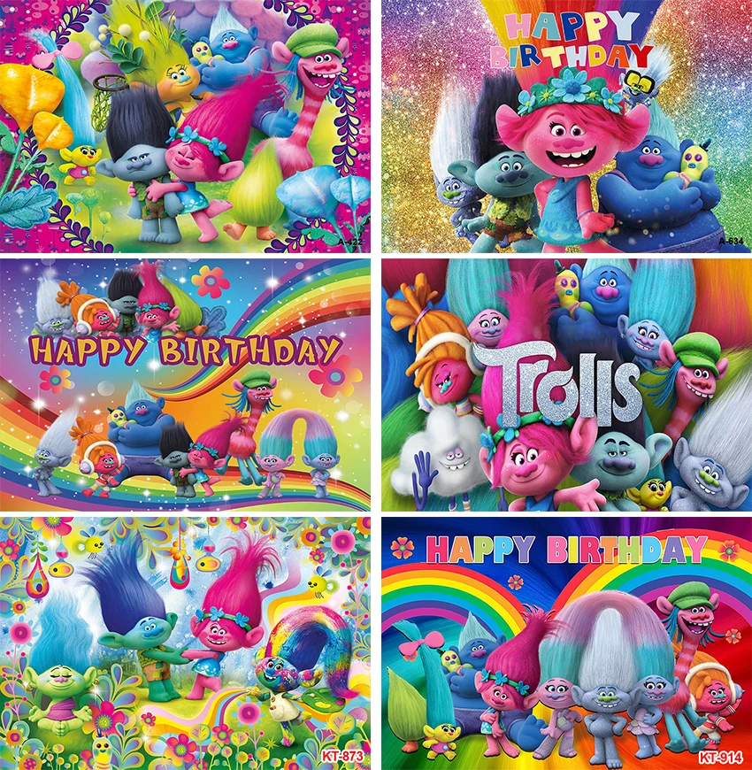 Trolls Theme Photography Backdrop Happy Birthday Party Decoration for Kids Boy Girl Photo Studio Props Vinyl Background