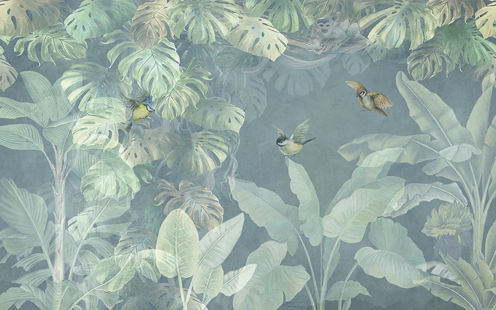 Full size custom wallpaper with light tone and fresh jungle flowers and birds theme decoration mural