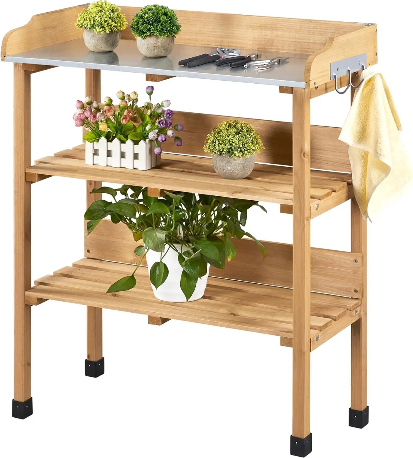 Outdoor Garden Wooden Potting Bench Table Metal Tabletop 3-Tier Storage Shelves with Hooks, Outdoor Gardening Table for Planting