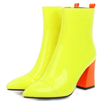 Fashion Women's Ankle Boots Candy Patent Leather Yellow Pink Boots Ladies Waterproof Block Heels Point Party Shoes For Women
