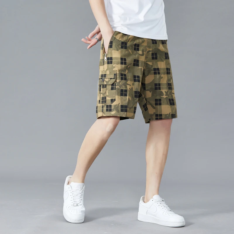 Summer Plaid Cargo Shorts Men Outdoor Drawstring Cotton Tactical Shorts Lightweight Military Hiking Shorts Male