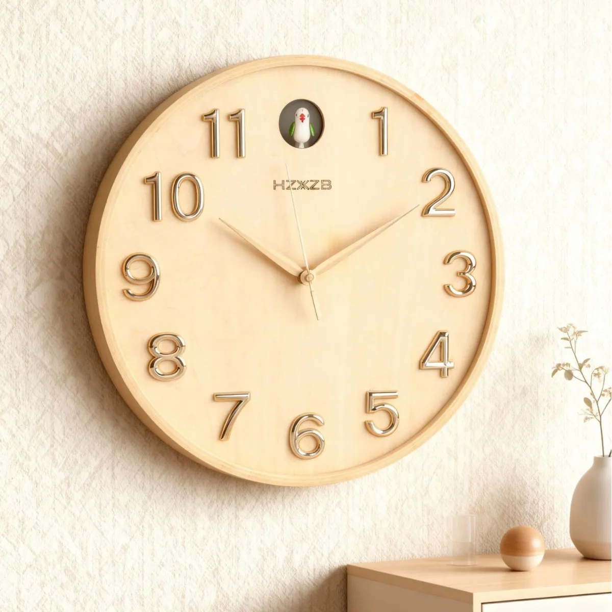 Wooden Cuckoo Clock That Accurately Tells Time and Hangs on the Wall. Modern Minimalist Wooden Round Quartz Clock.