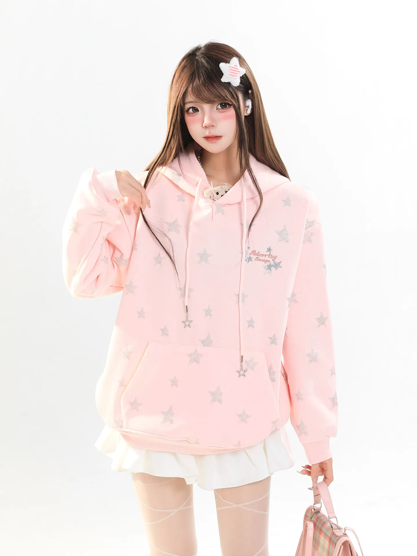 

Dopne Pink Star Print Hoodie Women's Spring College Sle Agel Versatile Super Cute Hat irt Outerwear Long Sve Zipper