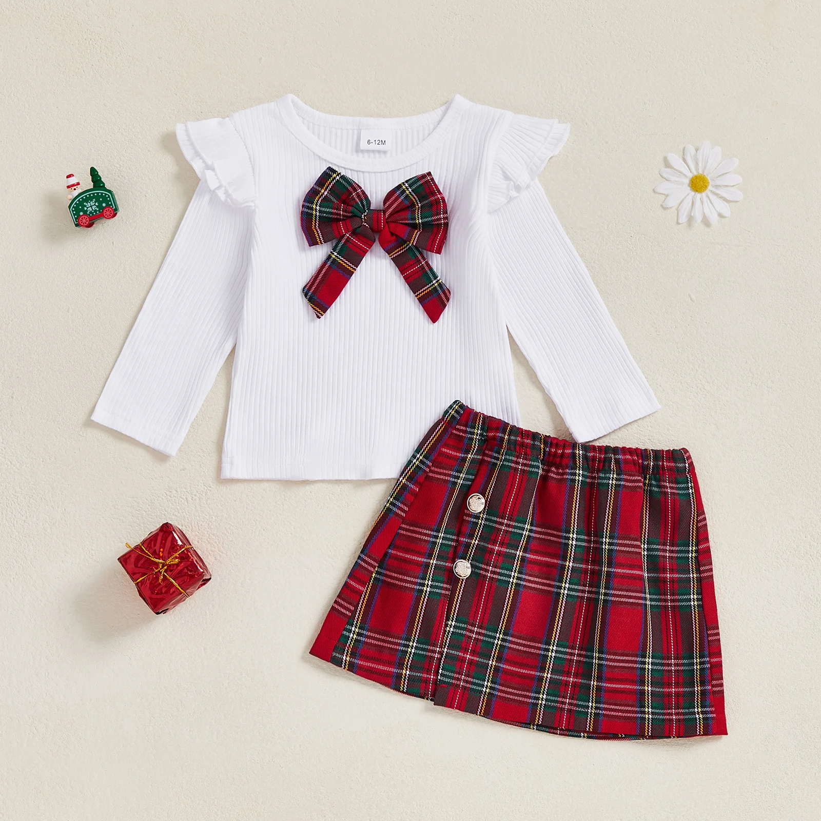 0-4Y Toddler Girl Christmas Outfit Bow Ruffles Long Sleeve Shirt and Plaid Skirt Set for Baby Cute 2 Piece Clothes