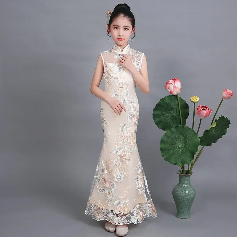 Elegant Long Qipao Mermaid Dress For Prom Weddings Party Girl Chinese Cheongsam Evening Ball Gown Children Princess Kids costume