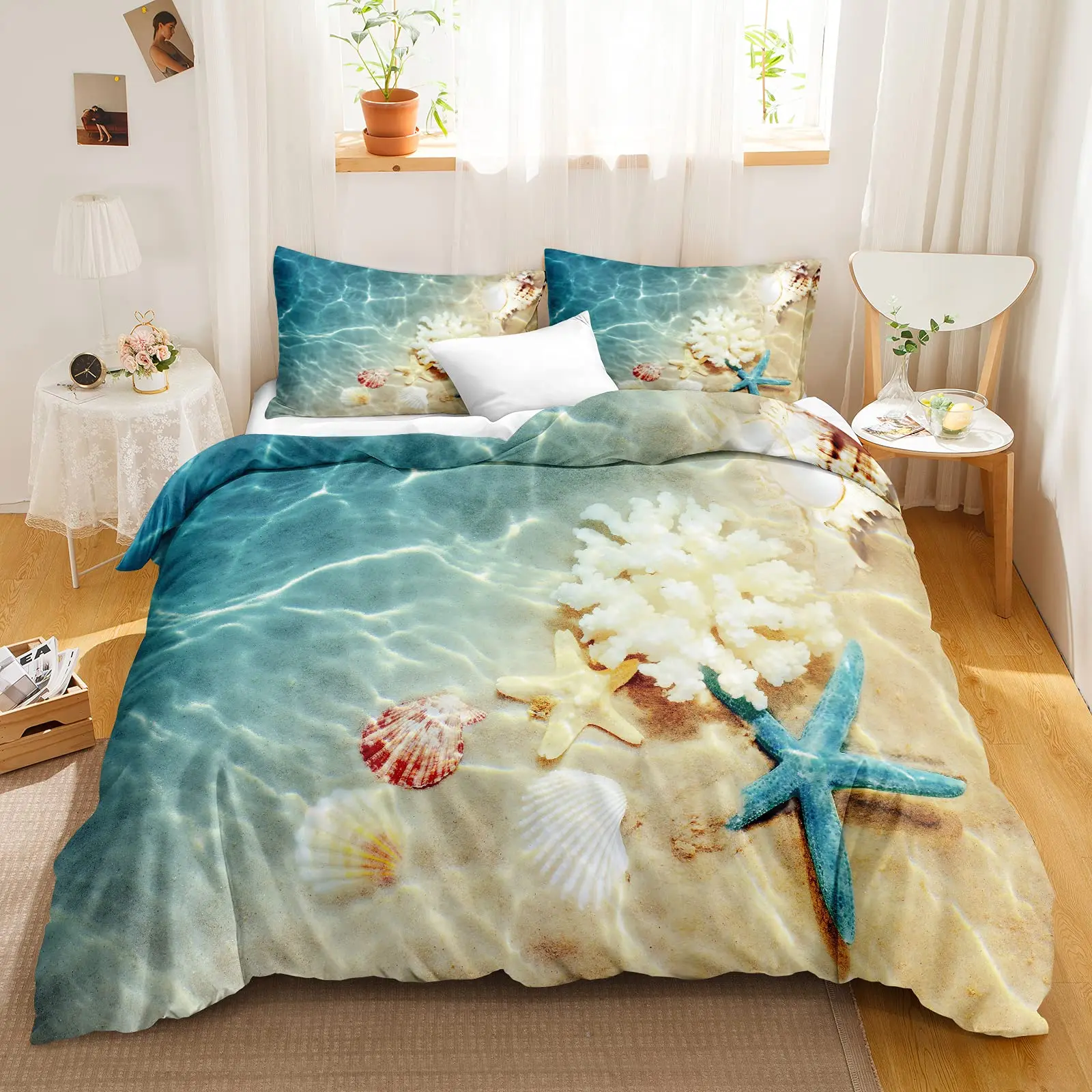Beach Comforter Cover, Coastal Duvet Covers Queen,Teen Girls Boys Starfish Decor Microfiber Quilt Cover, Beach Themed Bedding