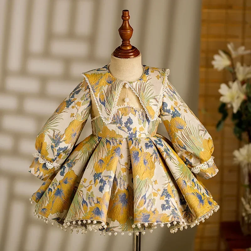 Children\'s Long Sleeve Flower Girl Princess Dress Beads Girls Dress for Baby1st Birthday Dress for Wedding Party Festive Eid