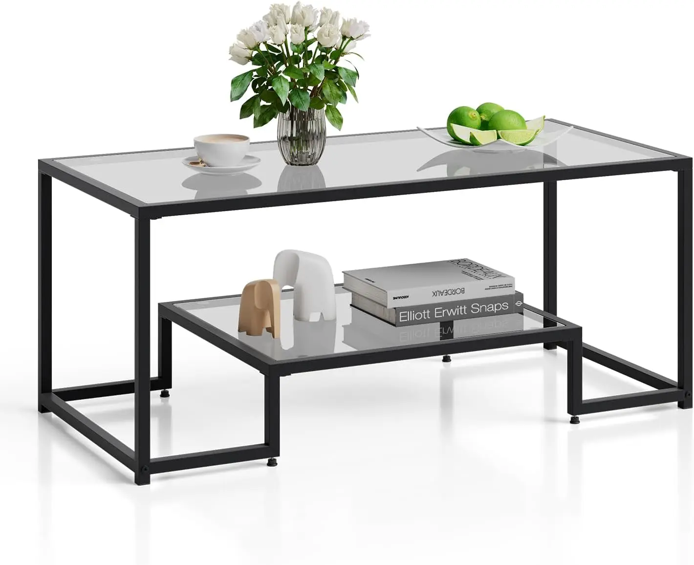 

Glass Coffee Table, 2-Tier Rectangular Accent Table with Storage Shelf & Golden Metal Frame