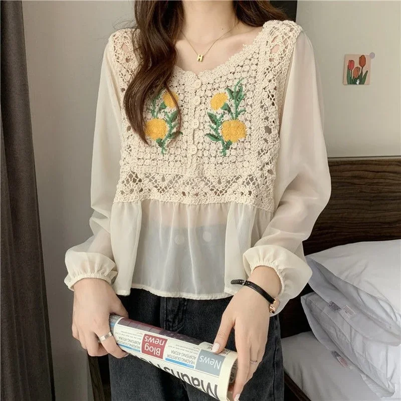 

Vintage Thin Cutout Chiffon Shirt Women's Long Sleeve Top Korean Fashion Designer Loose Fake Two Piece Suit Coat Spring Summer