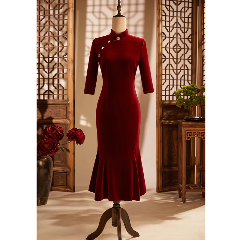 

Красное бархатное платье с фасоном «рыбий хвост» для женщин, длинное, с длинными рукавами, для подружек невесты и матерей жениха/невесты, осень-зима