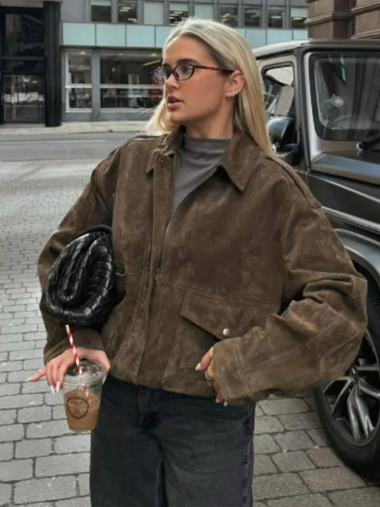 

Elegant Suede Jackets Coats Women Turn-down Collar Long Sleeve Zipper Pocket Jackets 2025 Autumn Winter Casual Pilot Outerwear