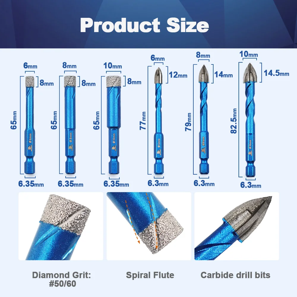 10pcs Set Dia 6/6/8/10MM Dry Drill Core Bit Spiral Groove and 6/6/6/8/10MM Quick Fit handle Cross Spiral Hard Alloy Drill Bit