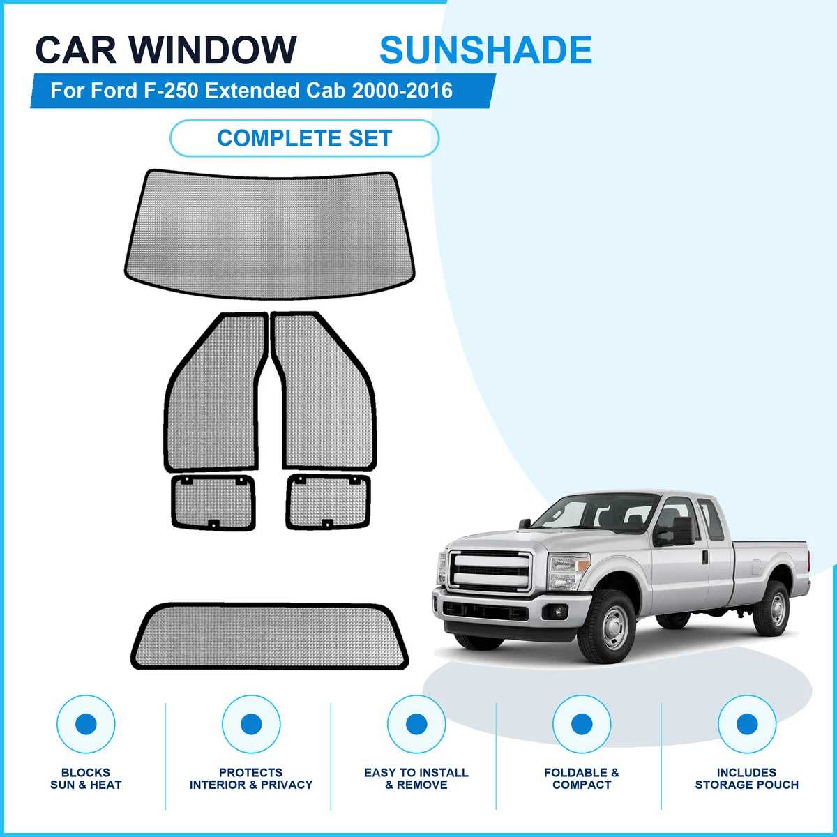 For Ford F-250 Extended Cab 2000-2016 Custom Full Set Window Sunshades Aluminum Foil Suction Cup Anti UV Privacy