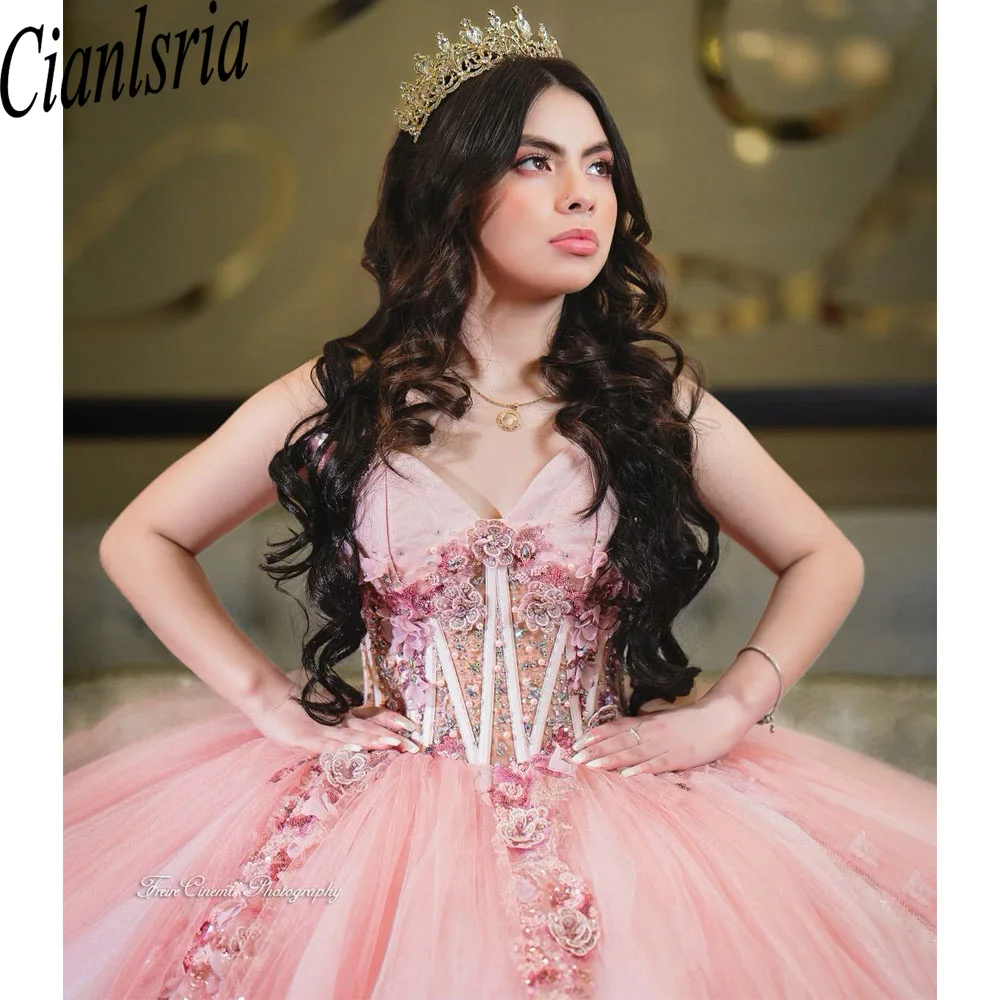 Pink Princess Fairy Quinceanera Dresses Spaghetti Straps 3D Floral Applique Boning vestidos de 15 años quinceañeras 2024