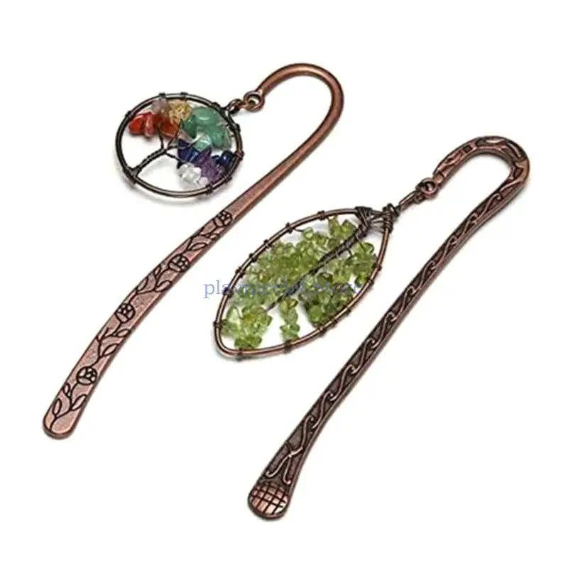 Antique Carved Hook Bookmarks Metal Book Markers with Crystal Stone Pendant Reading Accessories Gift for Book Lover E8BA