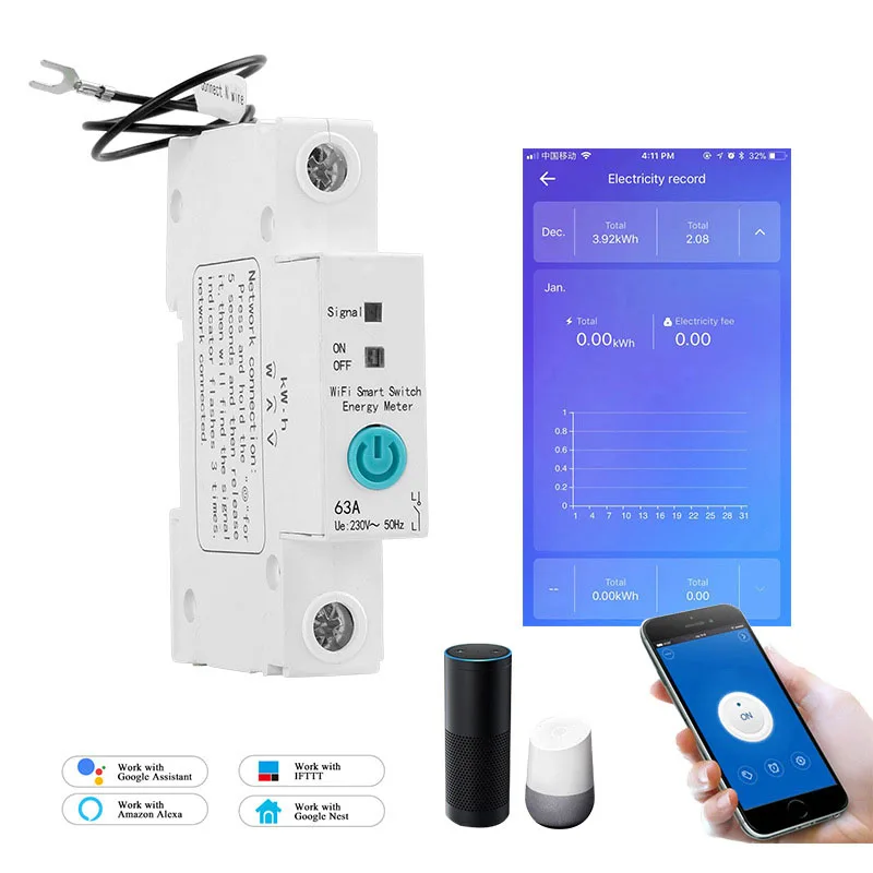 Easy To Connect Intelligent Wifi Leakage Circuit Breaker Remote Control Switch Timing Power Metering Air Switch Relay 63A