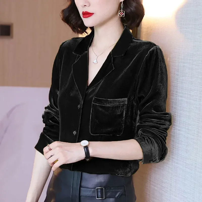 Commute Solid Color Pleuche Blouse Female Clothing Tailored Collar Autumn Single-breasted Stylish Pockets Spliced Shirt Z305