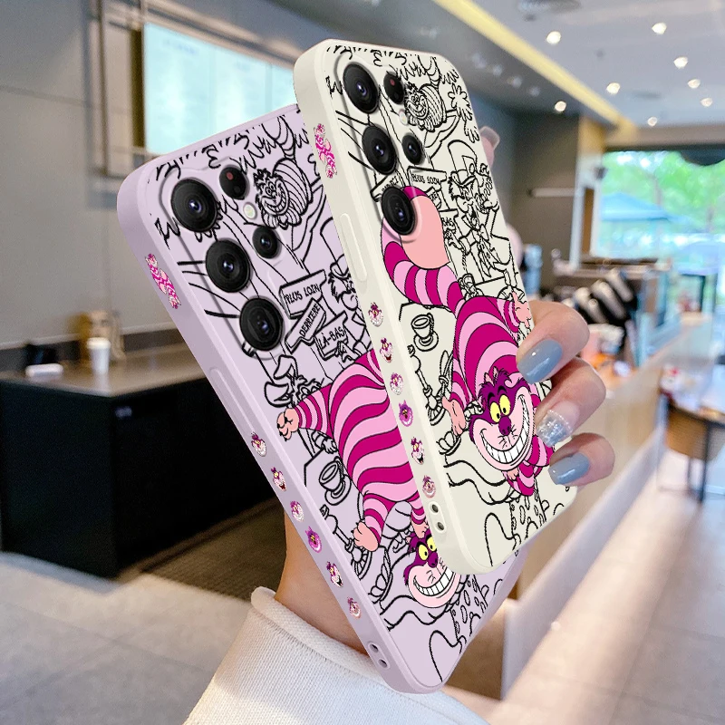 Cat Disney Alice Cheshire For Samsung Galaxy S24 S23 S22 S21 Ultra S20 FE S10 S9 Plus Lite 5G Liquid Left Rope Phone Case