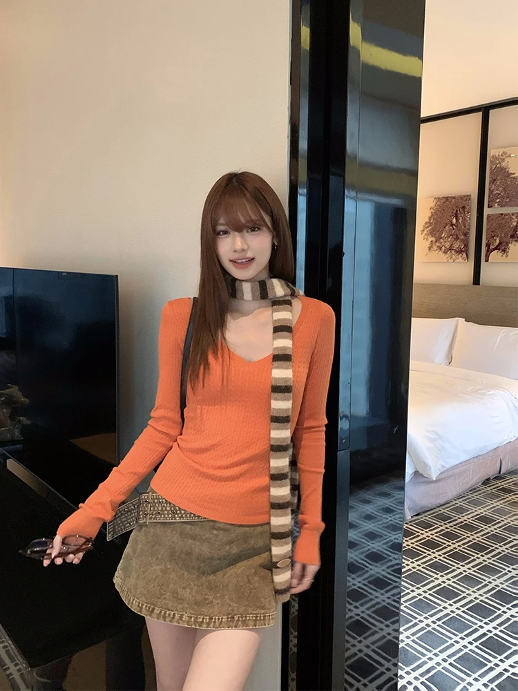 

Lumoder Women's Orange V-ne Knitted Sweater Slim Fit Base Layer irt Inner Wear Top Casual Sle Soft Knit Long Sve