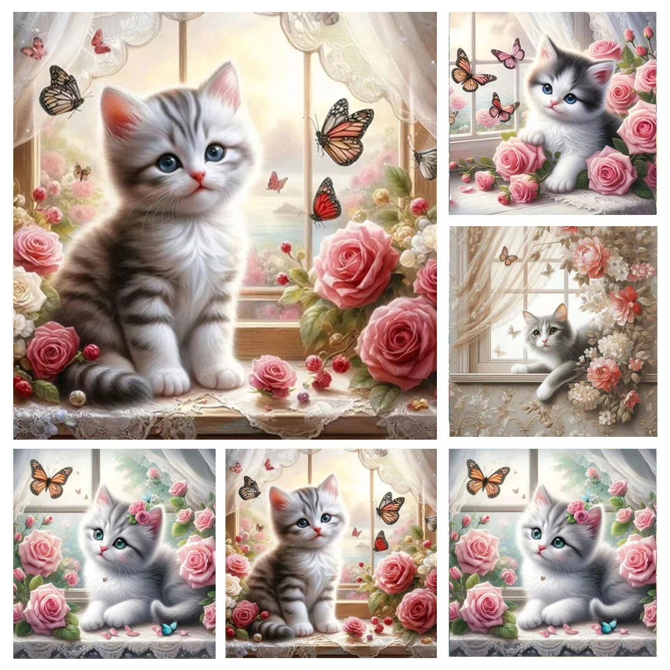 New Diamond Painting 2024 Full Of Diamonds Cute Kitten Rose Butterfly DIY Rhinestone Embroidery Animal Cross Stitch W355