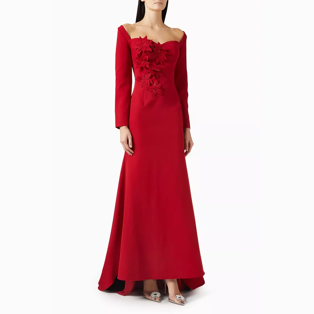 

Customized Sweetheart Long Evening Dresses Elegant Red Jersey Formal Occasion Prom Gowns Flowers Ankle Length Prom Dresses