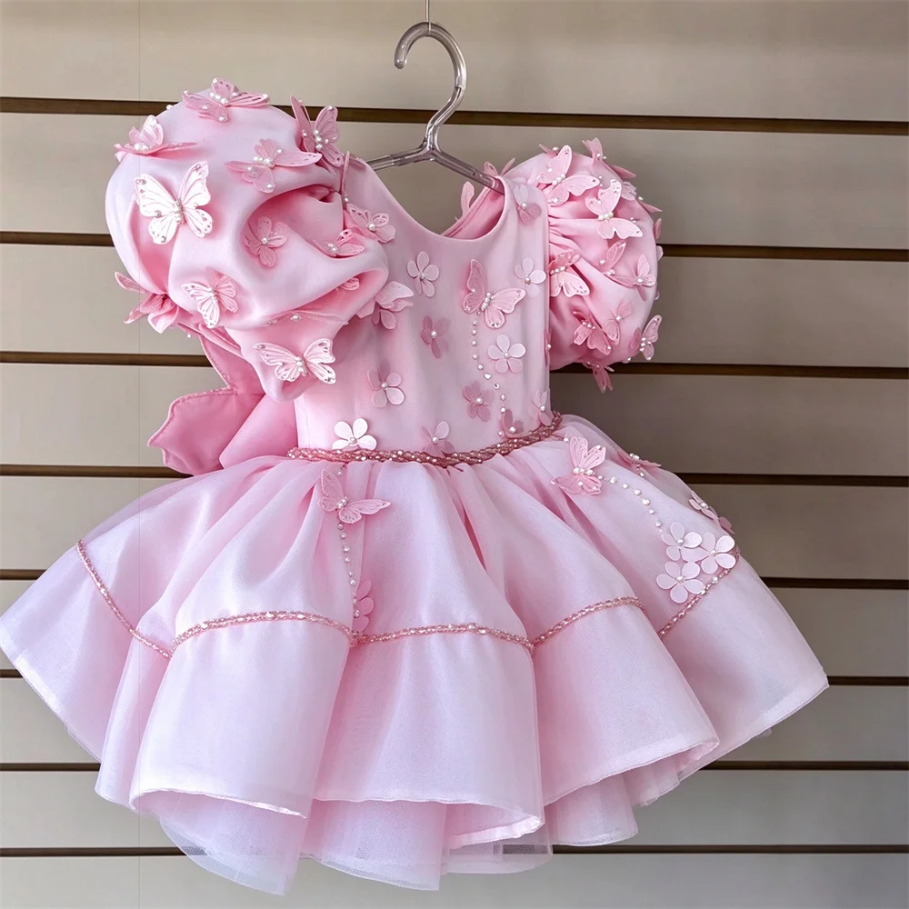 Baby Kids Princess Tulle Crystals Bow  Flower Girl Dress Children First Communion Dress Ball Gown Wedding Party Dress Birthday