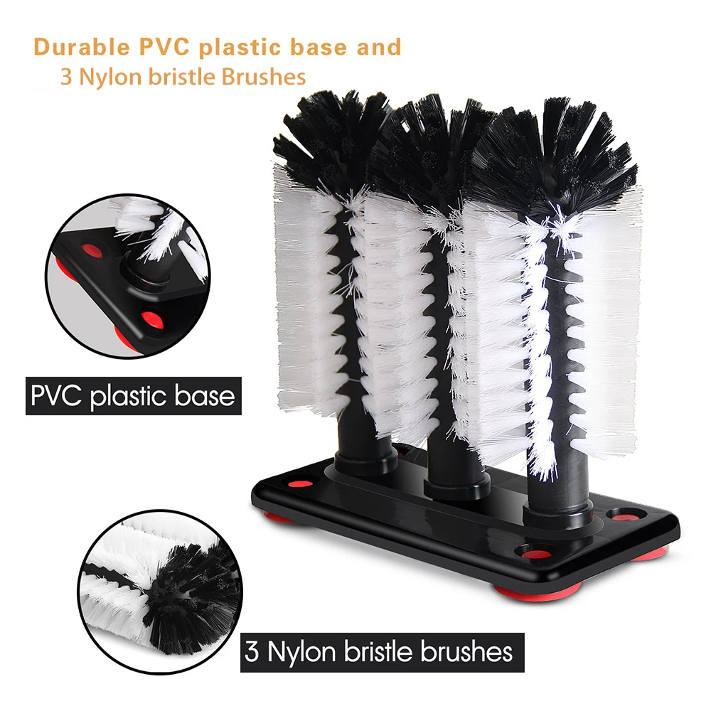 3pcs Brush Head Set Water Bottle Cleaning Brush Glass Cup Washer With Suction Base 3 Head Bristle Brush For Beer Cup Long Leg