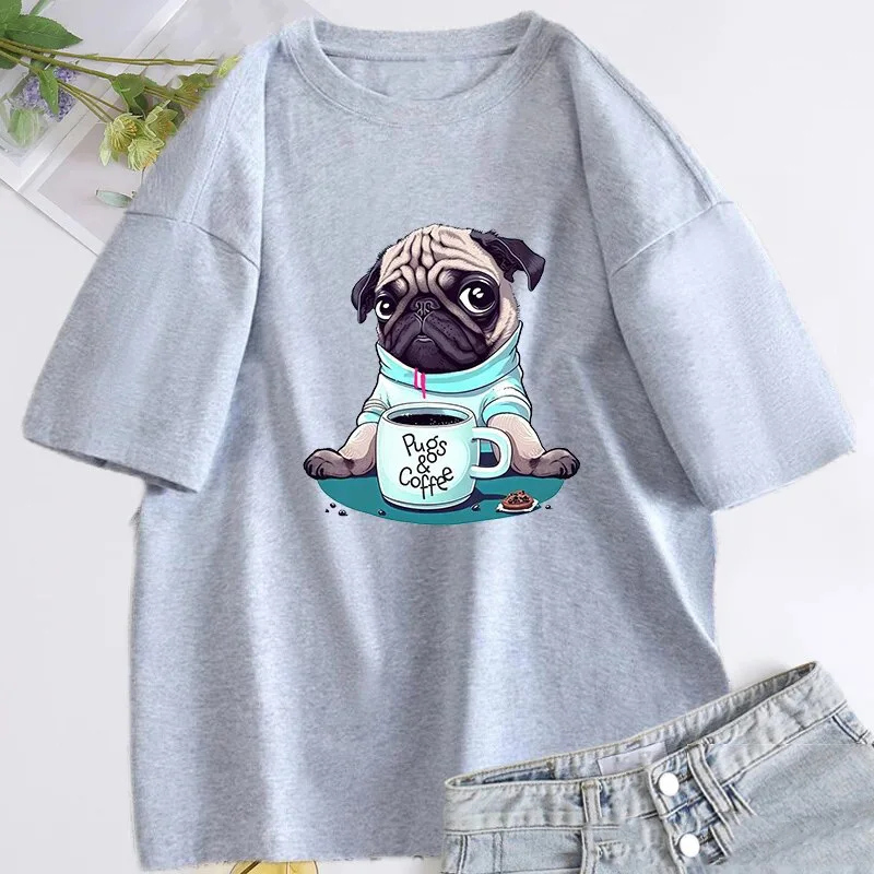 Pugs and Coffee Cotton T-Shirts Funny Dog Print Men Women Casual O-Neck Short Sleeves T Shirt Harajuku Unisex Tees Tops Clothing