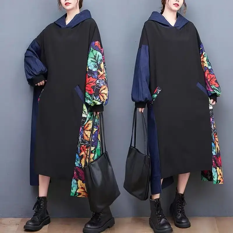 2025 Spring New Elegant Patchwork Printed Hooded Loose Long Dress Women Long Sleeve Dress Female Wholesale J655