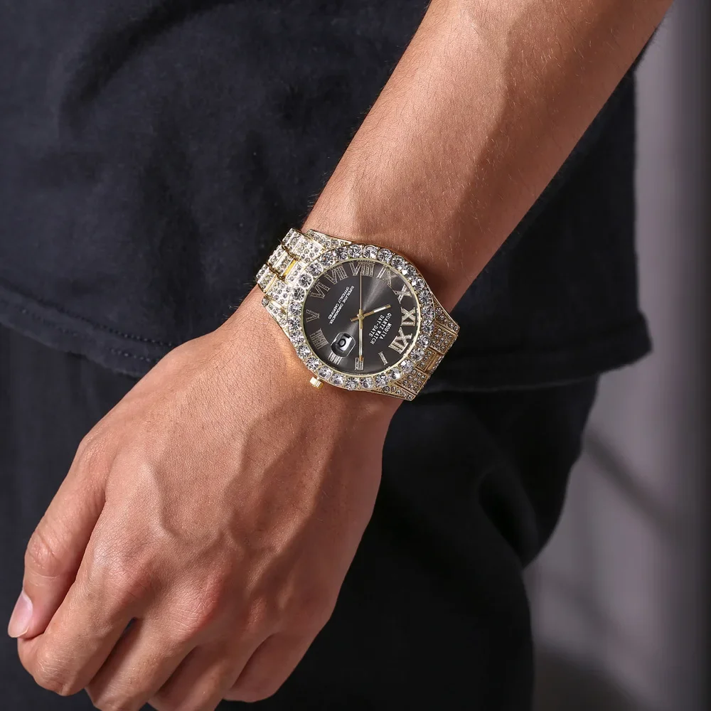 Hip Hop Iced Out Watch Men Luxury Brand Diamond Men\'s Watches Calendar Quartz Wristwatches Male Clock Gift for Men Drop Shipping
