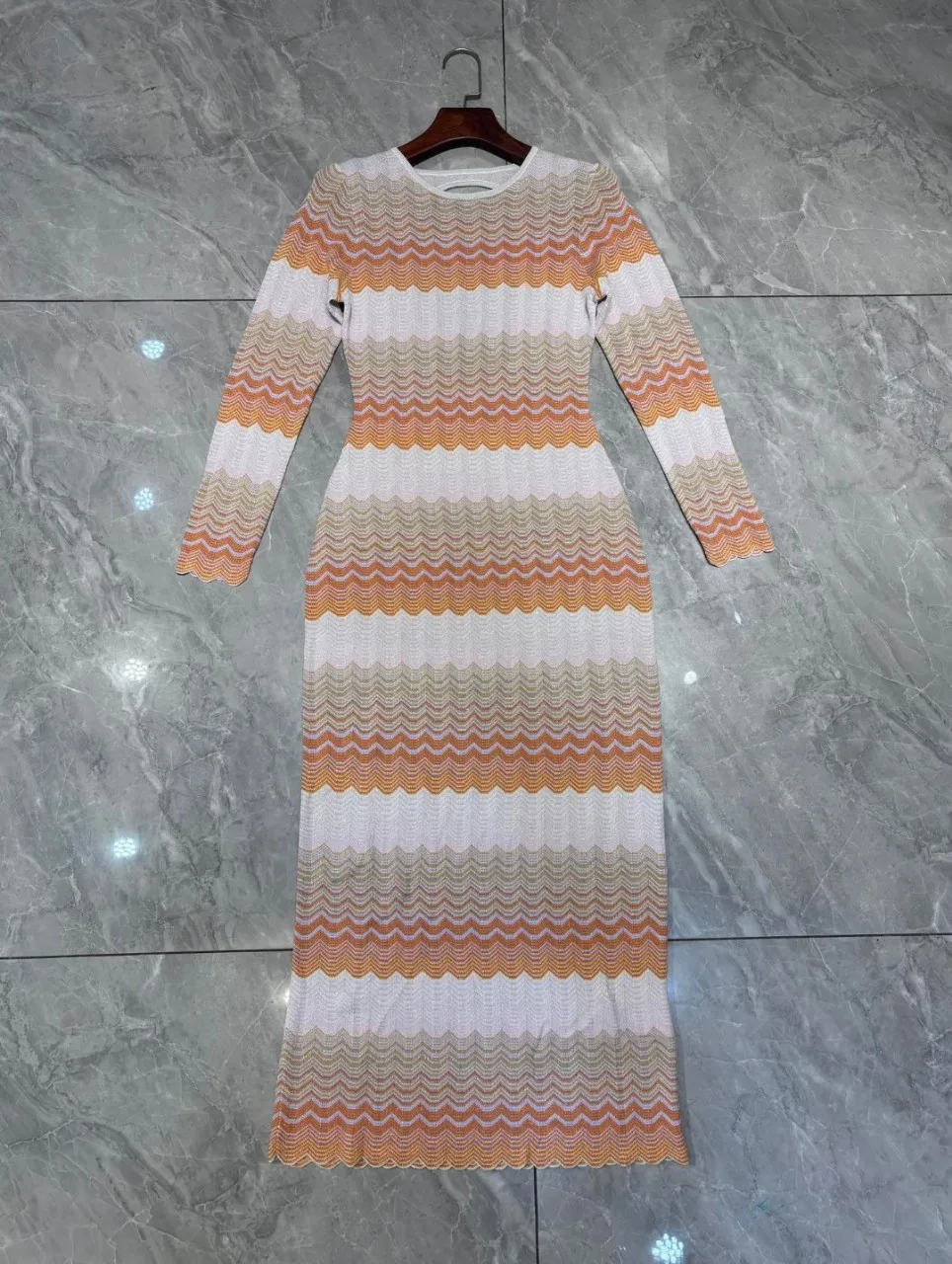 Wave Striped Women's Knitted Maxi Dress Backless Round Neck Long Sleeve Casual Ladies Robe