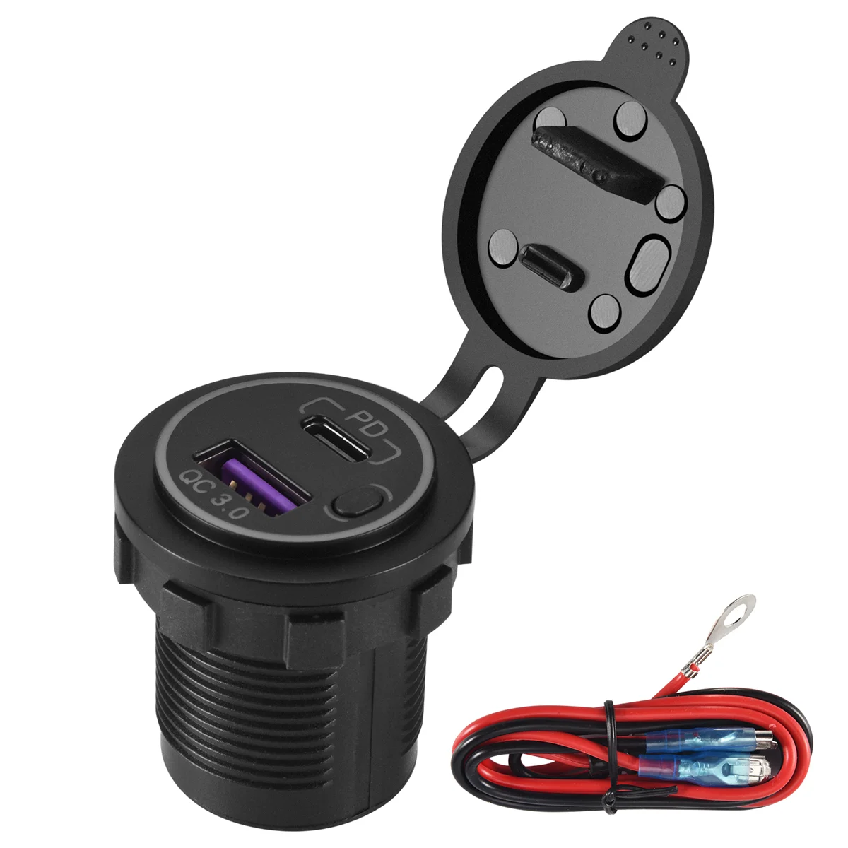 Tomada de alimentação do carro com interruptor ON/Off, vermelho, PD tipo C USB, QC 3.0 carregador rápido, 12V, apto para motocicleta, RV, ATV