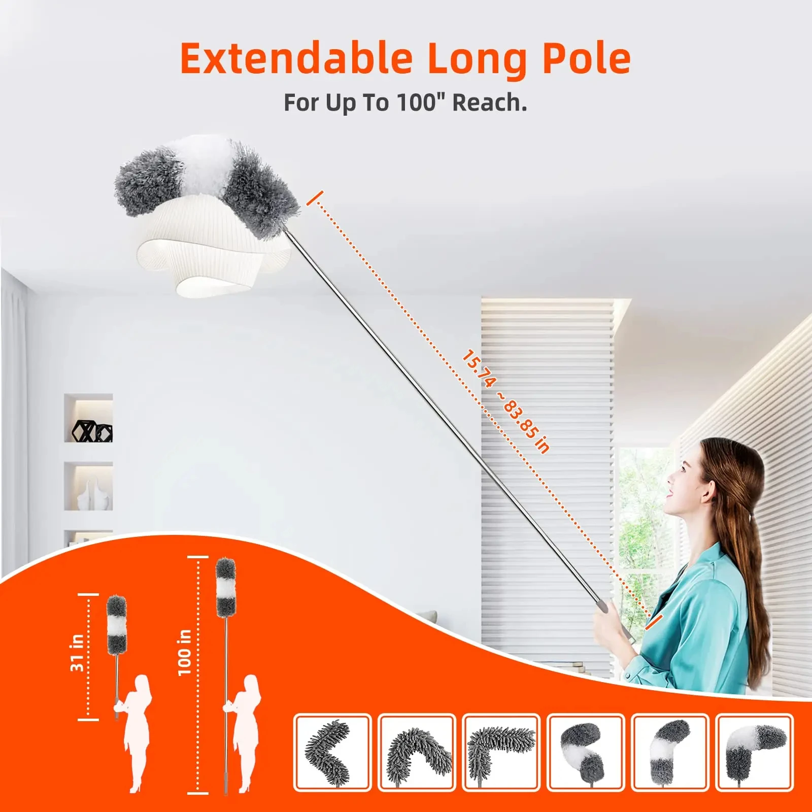 2.5m Extendable Stainless Steel Telescopic Rod Cleaning Duster Ceiling Sofa Car Dust Cleaner Floor Gap Brush Home Household Tool