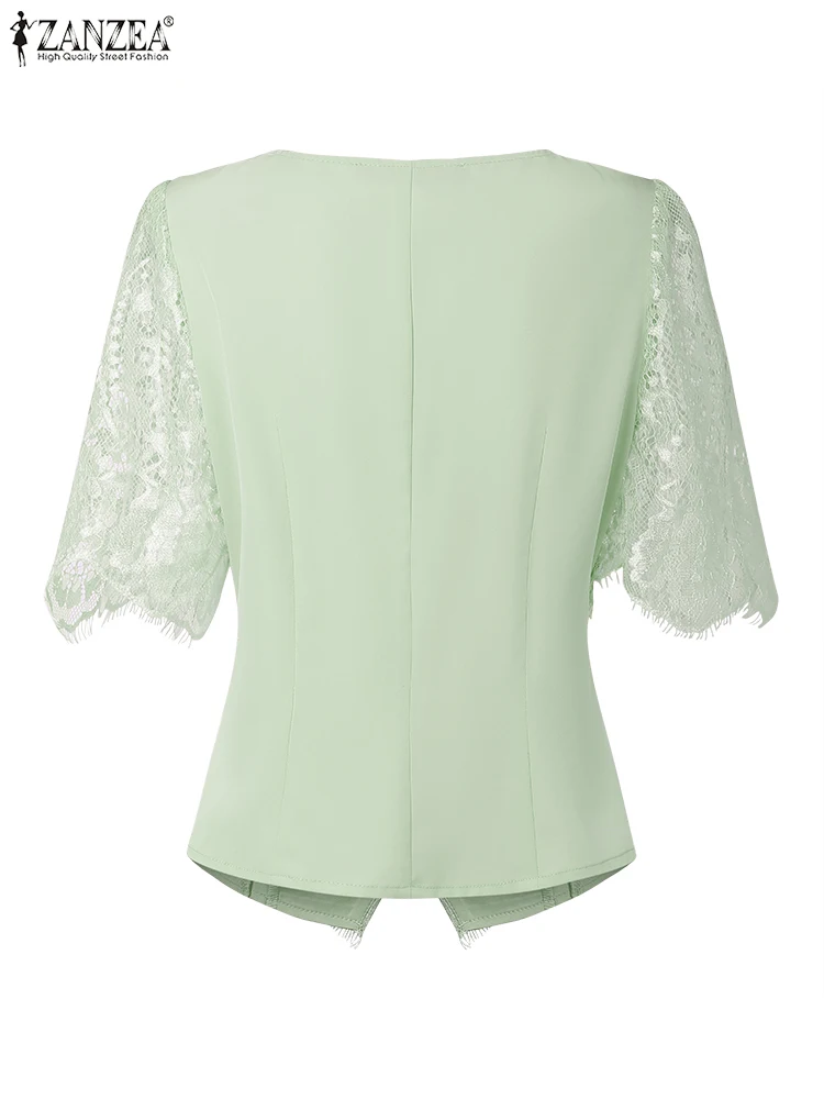 ZANZEA, camisas de encaje para mujer, Tops tipo túnica con cuello cuadrado de verano 2025, blusa elegante de manga corta a la moda para oficina para mujer, Blusas OL con botones
