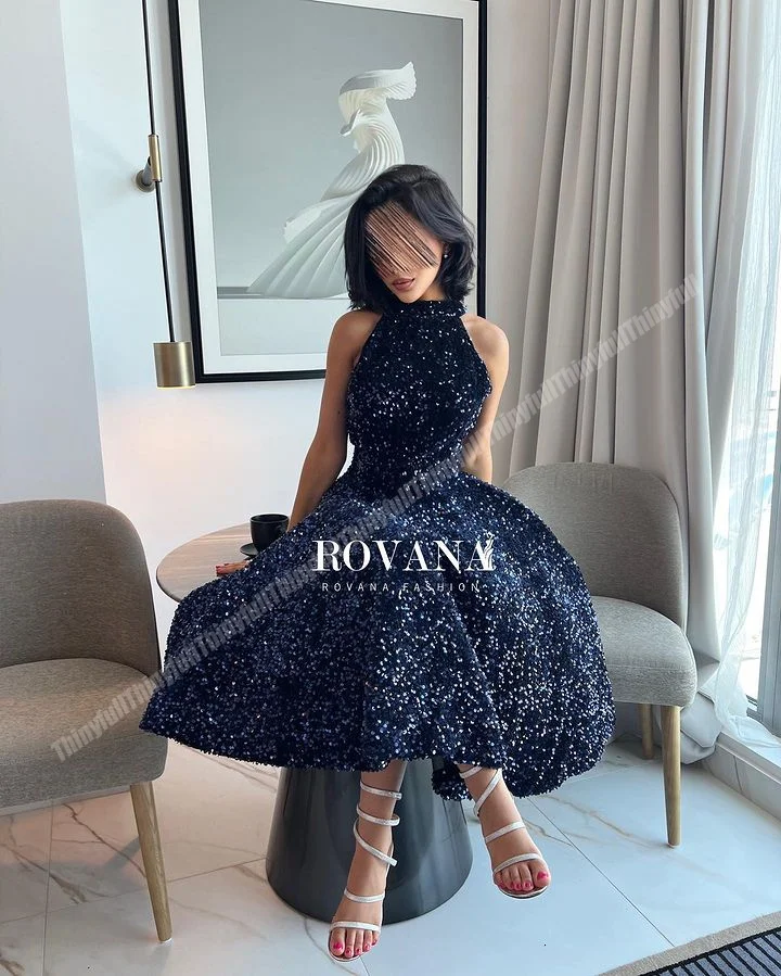 Thinyfull A-line Glitter Evening Party Dresses Halter Sleeveless Prom Dress Sequin Tea-length 2024 Dubai Formal Occasion Dress