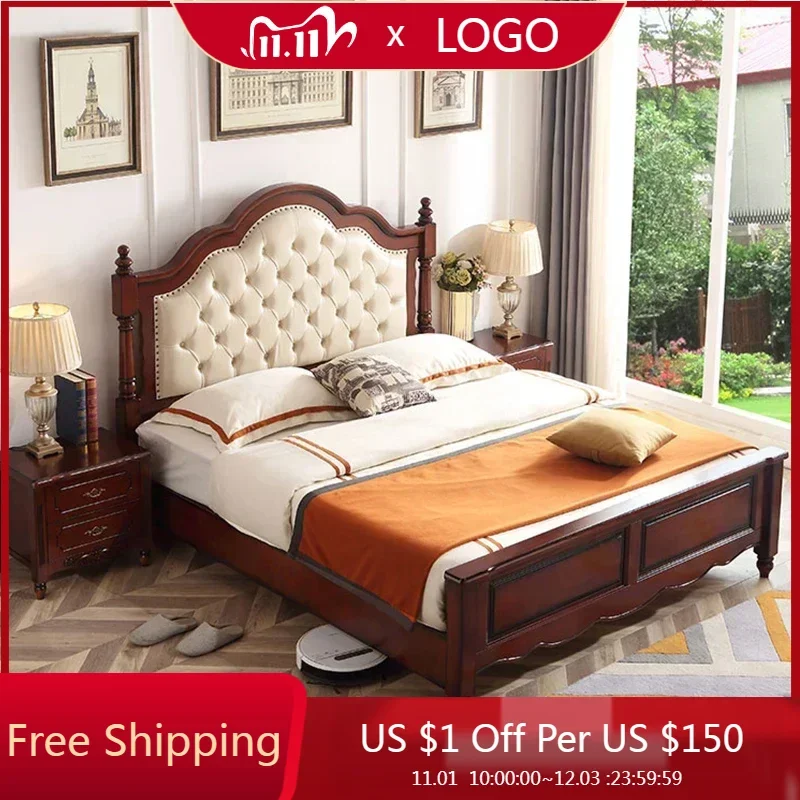 

King Wood Bed Nordic Double Drawers High End Twin Frame Double Bed Headboard Luxury Letti Matrimoniali Furniture For Bedroom