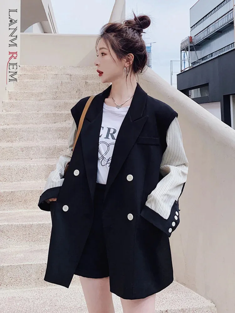 LANMREM Patchwork Color Block Blazer For Women Double Breasted Lapel Long Sleeve Loose Coat Female Fashion 2024 Autumn 2N747