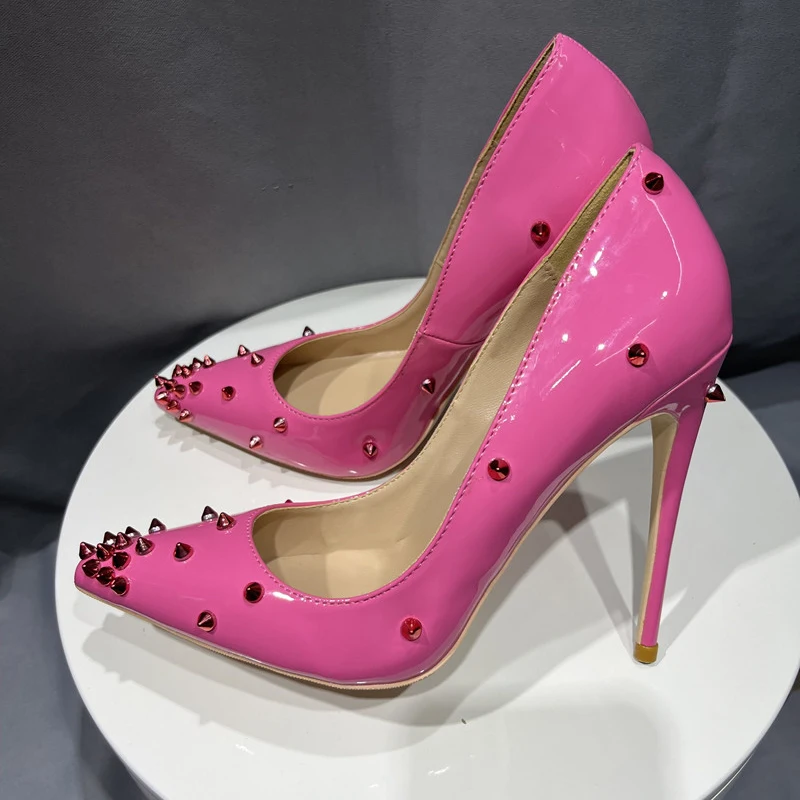 Tikicup Women Patent Pink Pointy Toe High Heel Shoes with Spikes Sexy Ladies Rivets Party Stiletto Pumps Big Size 43 44 45