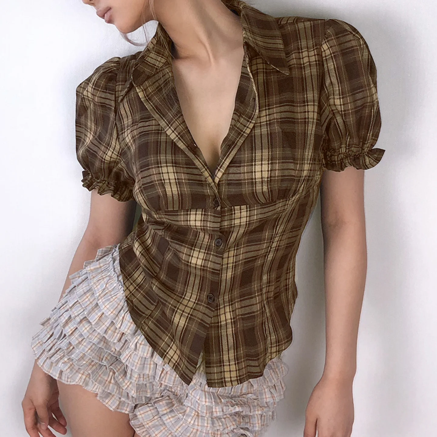 

Women's Preppy Plaid Puff Sleeve Top-Peter Pan Collar Button Down Waist Cinched Slim Fit,Versatile Summer Short Sleeve Blouse