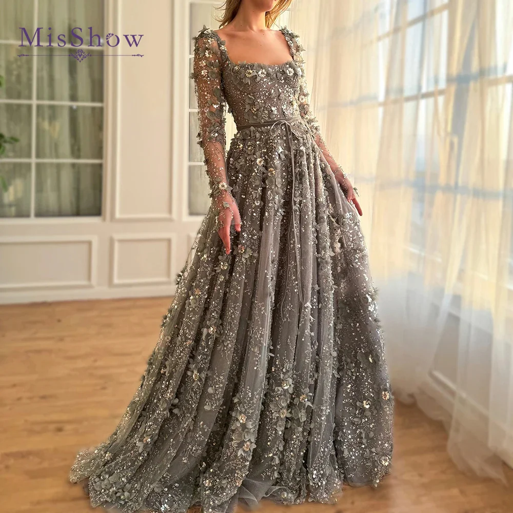 MisShow Luxury 3D Flower Gray Long Sleeves Evening Dresses for Women Wedding Party Elegant Turkish A-line Formal Gowns Gala