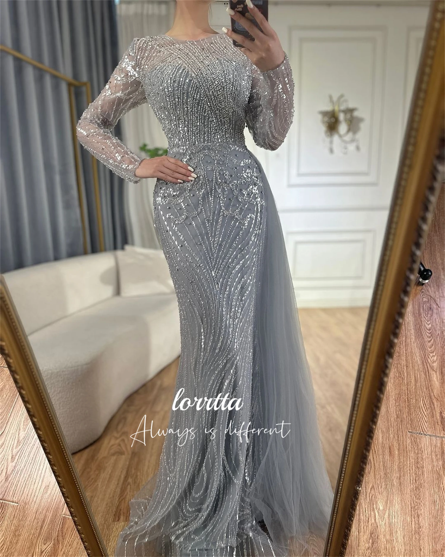 Loretta Lange mouwen Kralenborduurstof Avondjurk Luxe Fishtail Cut Jurken Gala Robes De Cocktail Party Aangepast