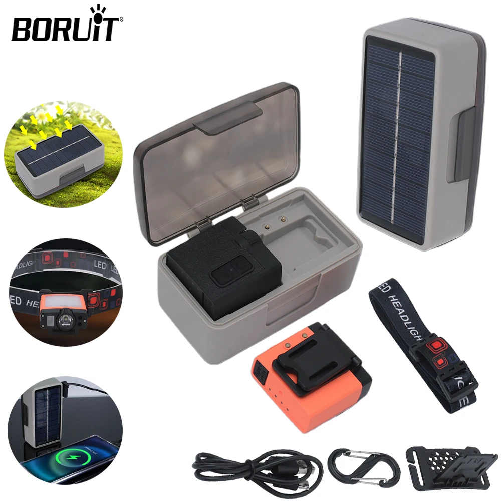 

BORUIT Solar Induction Double HeadLamp Mobile Power Removable Cover Clip Headlight Outdoor Fishing Camping Light Work Light