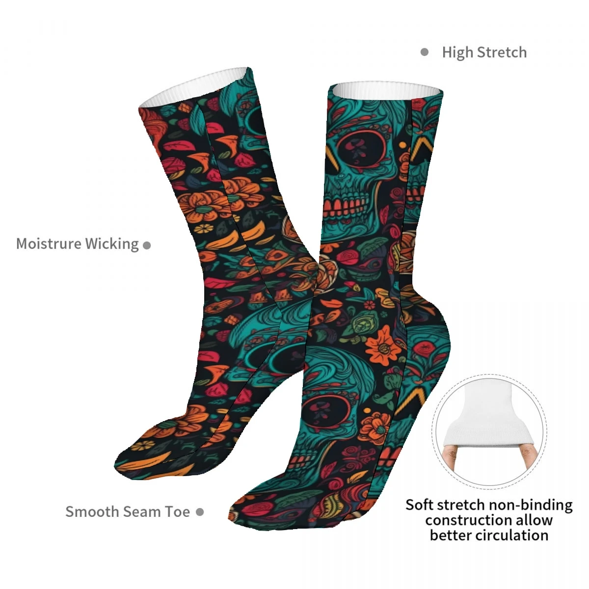 Skulls And Flowers Pattern Mens Womens Funny Crew Socks Cool 3D Printed Design Socks Fashion Comfortable Basketball Socks